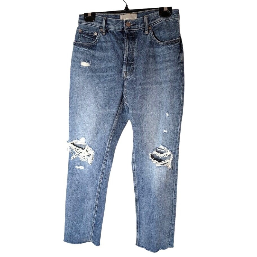 Everlane Distressed High Rise Jeans Ripped Knee 100% Organic Cotton Blue Size 27
